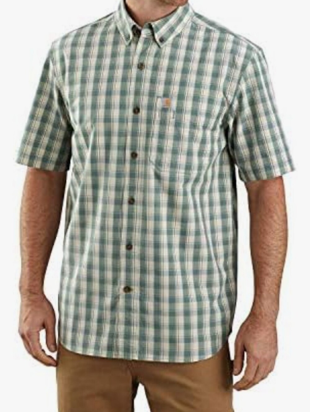 Carhartt Men's Essential  Green and White Plaid Short Sleeve Button-Down Shirt